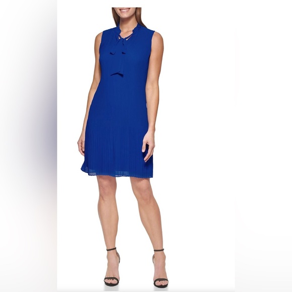 DKNY royal blue soft mini pleated Sleeveless Tie Neck Solid A-Line Dress size 10 - Picture 1 of 11